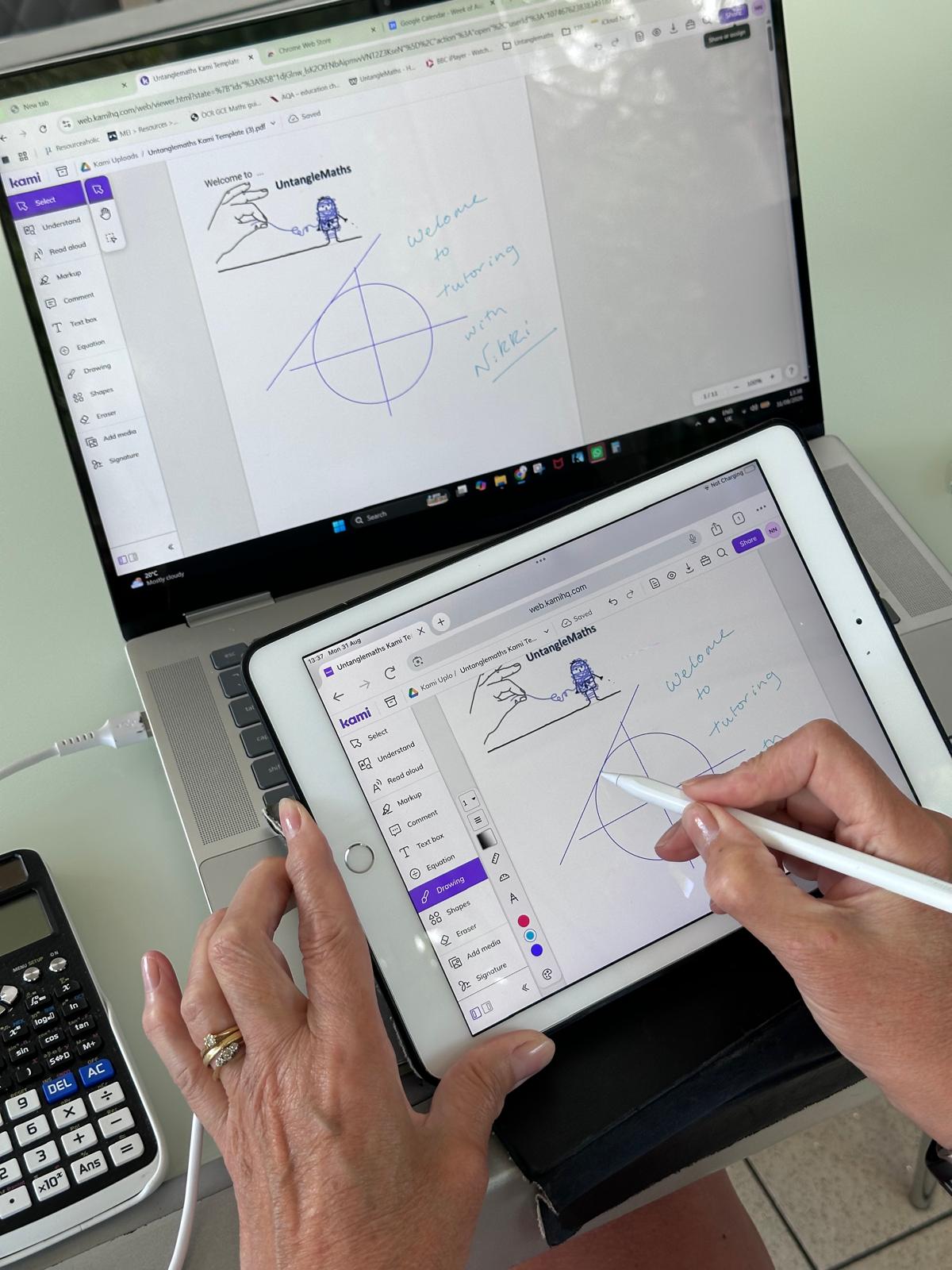 Nikki writing maths working on the interactive Kami whiteboard using an iPad and stylus